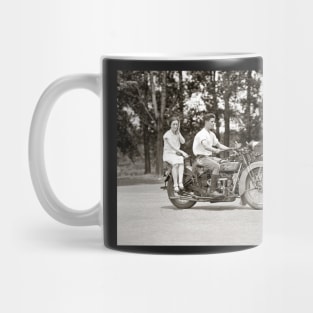 Couple Riding Motorcyle, 1928. Vintage Photo Mug